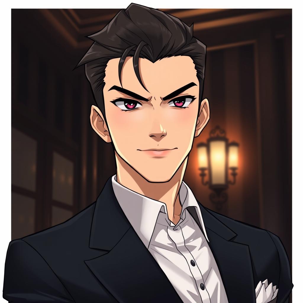 An anime-style illustration of a man with very sharp features and short hair, dressed in formal attire that embodies a mafia aesthetic