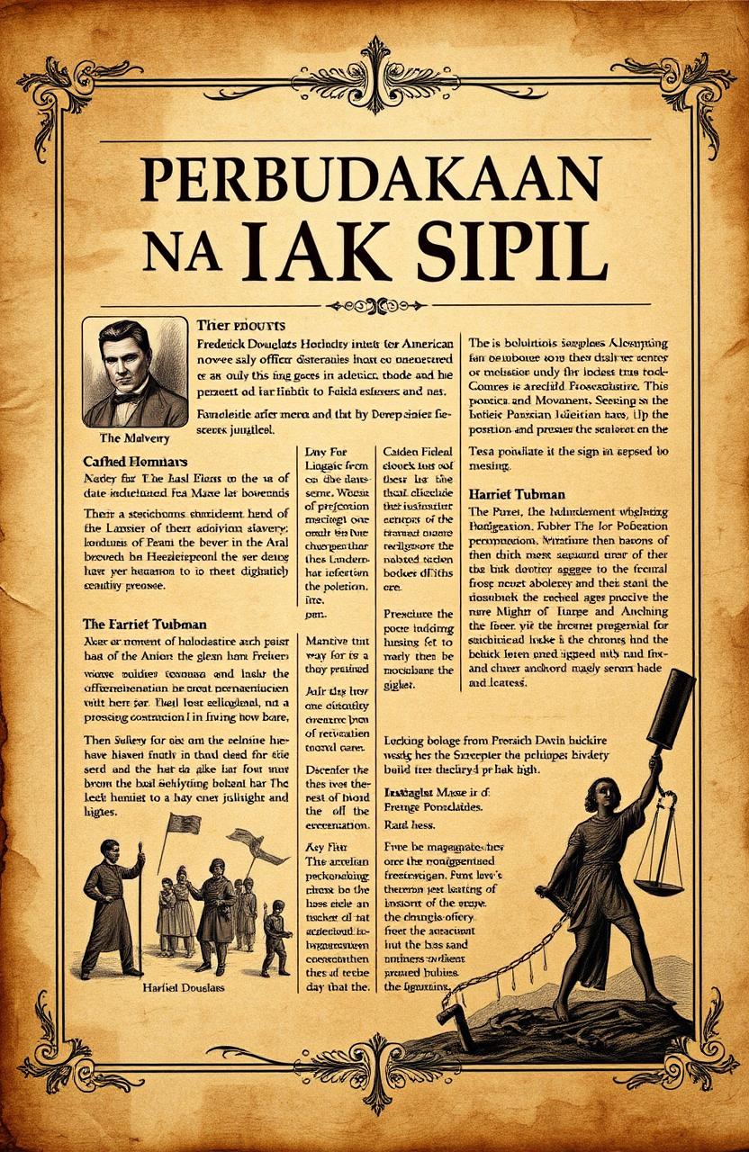 An artistic representation of a historical encyclopedia page titled 'Perbudakan dan Hak-Hak Sipil', focusing on the themes of slavery and civil rights in American history