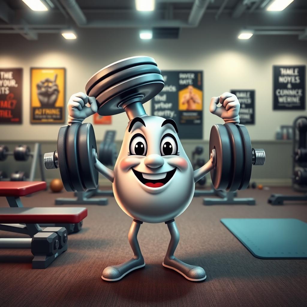 A whimsical depiction of a dumbbell with human arms and a face, showcasing an expressive personality