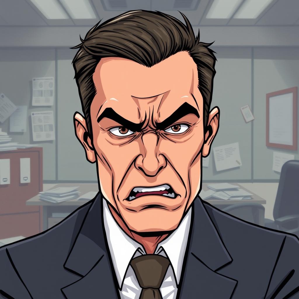 An illustration of a businessman displaying a mix of anger and sadness on his face