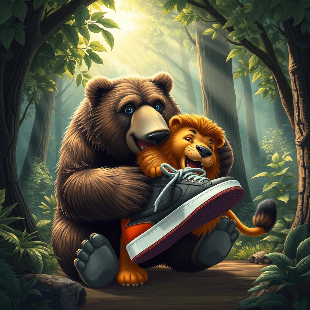 A bear with human-like feet and a slightly human facial expression, actively eating a lion that is wearing Nike shoes, set in a lush forest environment