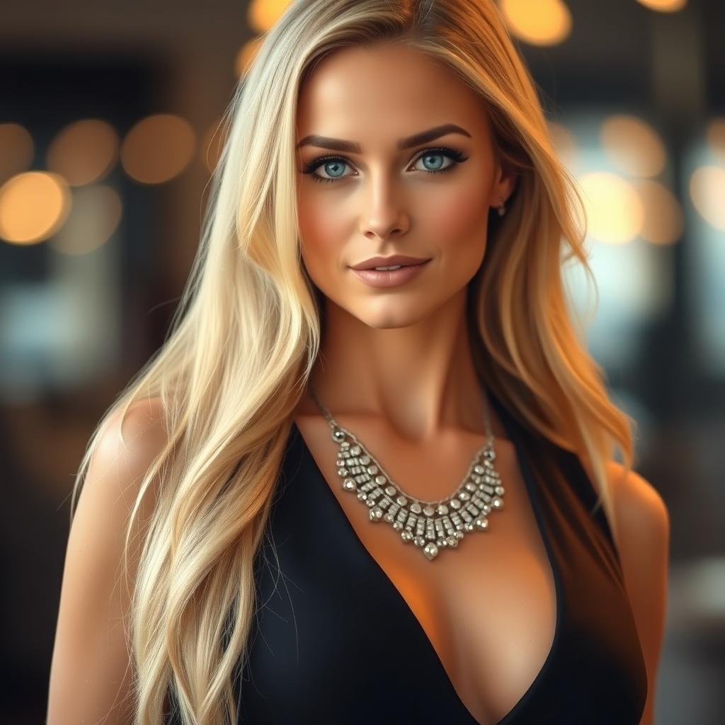 A stunning portrait of a fashionable woman with long blonde hair and striking blue eyes