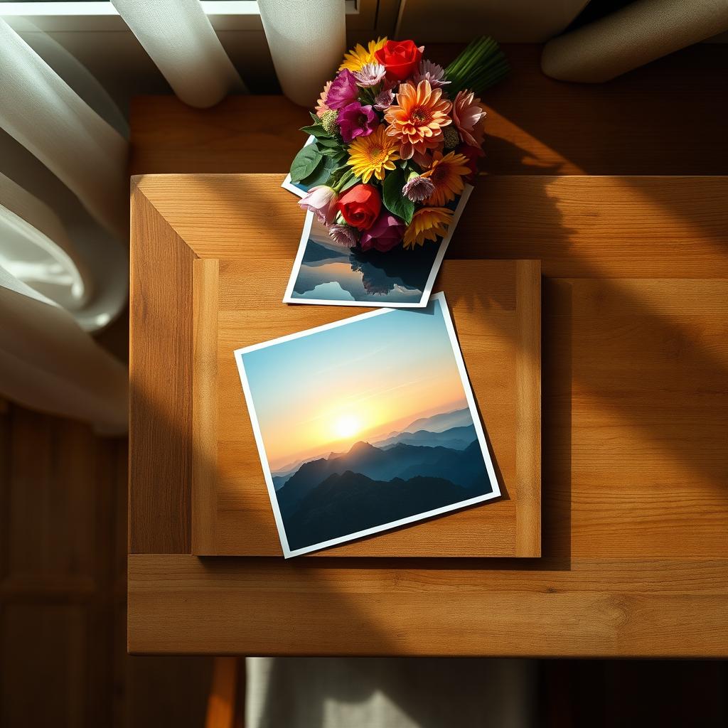 A top-down view of a wooden table with various items arranged aesthetically