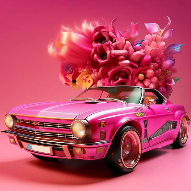 A vibrant, technicolor pink Barbie car with stunning detail and beautiful design.