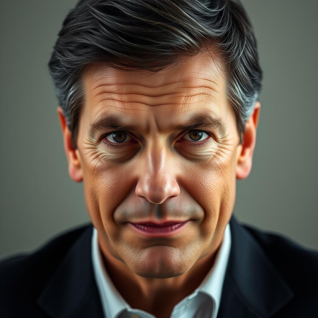 A highly realistic portrait of a middle-aged man with dark hair, fair skin, and an intense expression resembling a notable political leader