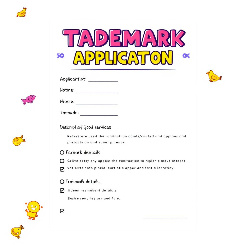 A mock Trademark Application document, designed to be visually engaging and fun