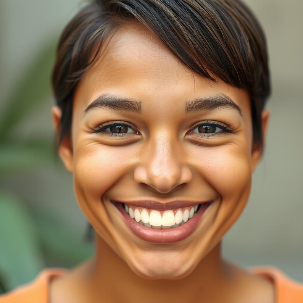 A close-up portrait of a person with an exceptionally bright and genuine smile