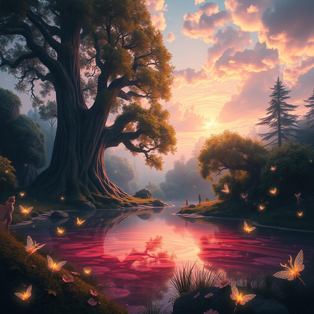 A stunning fantasy landscape featuring a mystical forest with towering, ancient trees, illuminated by ethereal light filtering through the leaves