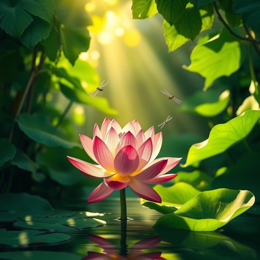 A beautiful scene depicting a vibrant lotus flower blooming in a tranquil marsh surrounded by lush green foliage