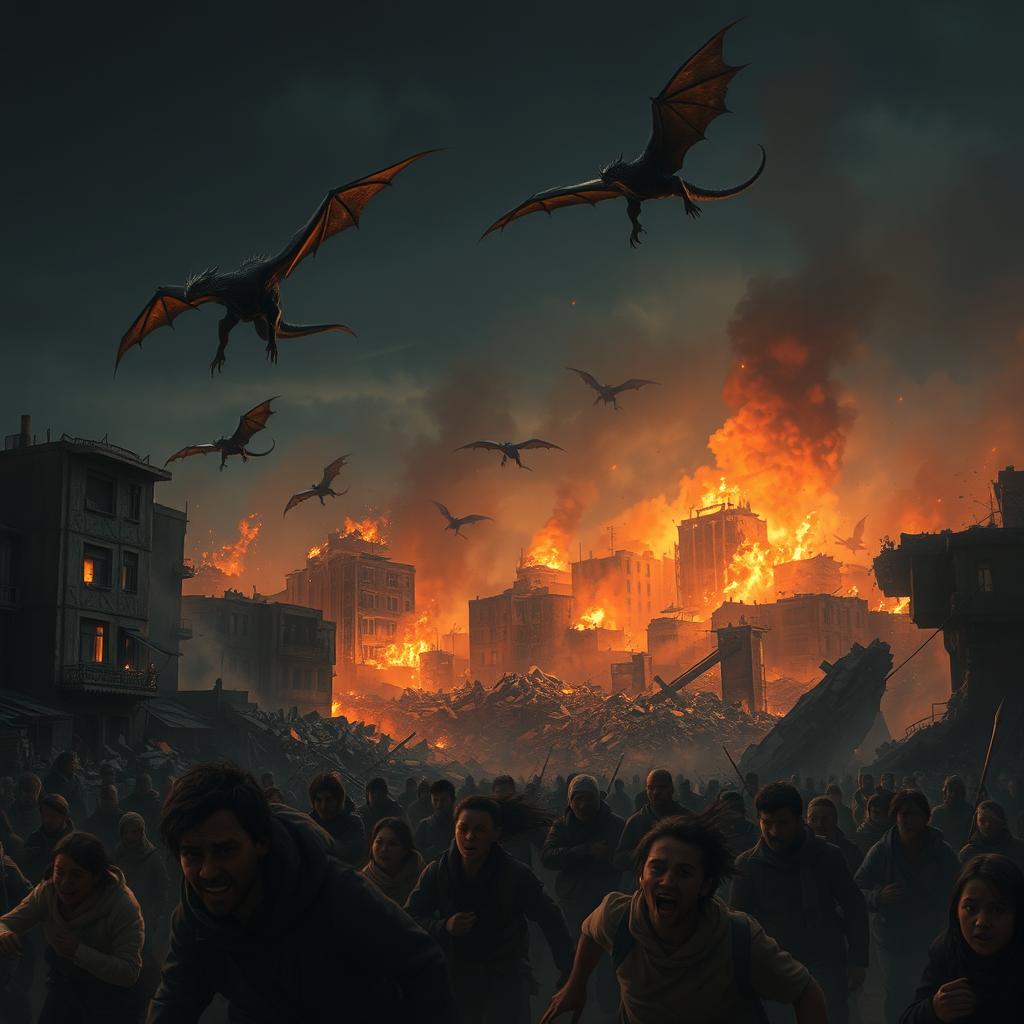 A partially destroyed city in the background, with rubble scattered throughout and buildings ablaze, illuminated by the flickering flames