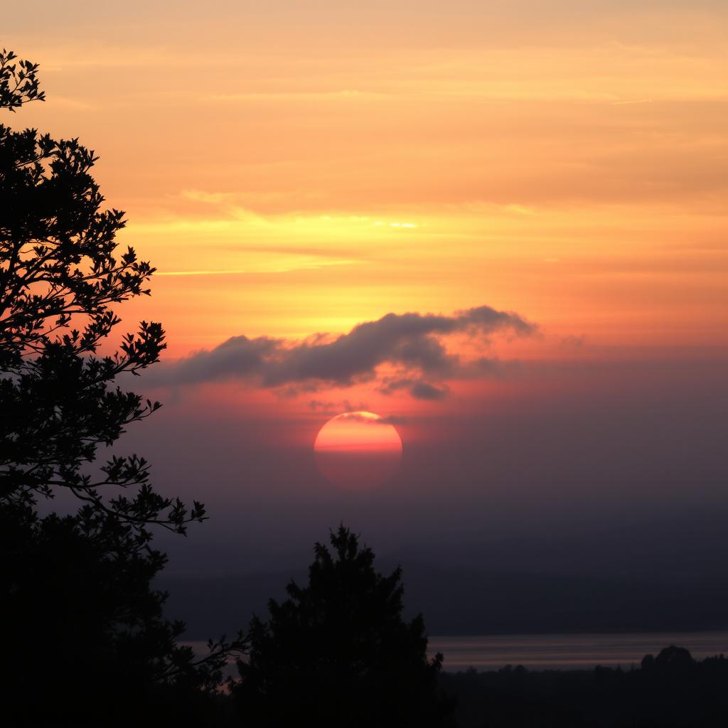 A stunning photograph capturing the moment just before dawn, where the soft light of the rising sun begins to illuminate the sky with vibrant hues of orange, pink, and purple