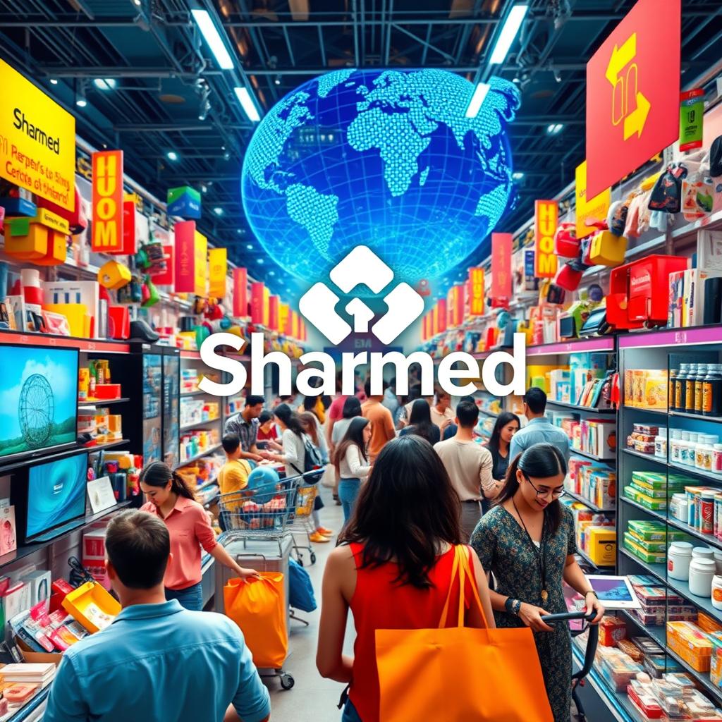 A dynamic and engaging photo showcasing a vibrant online shopping experience, prominently featuring the logo of 'Sharmed'
