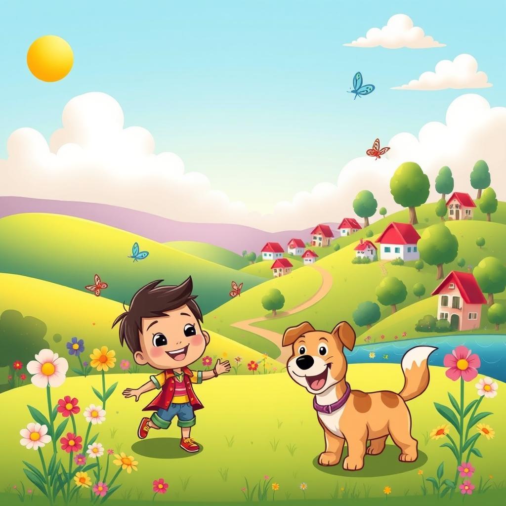 A vibrant cartoon illustration featuring a whimsical landscape with rolling hills, a bright sun, and fluffy clouds