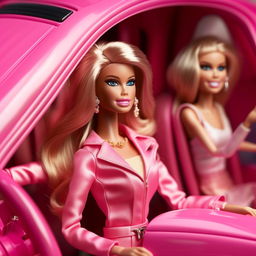 Add to the vibrant, technicolor pink Barbie car, an authentically dressed Barbie driving with a radiant smile.