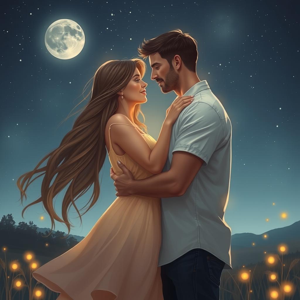A romantic scene depicting a couple in love, embracing each other under a starlit sky