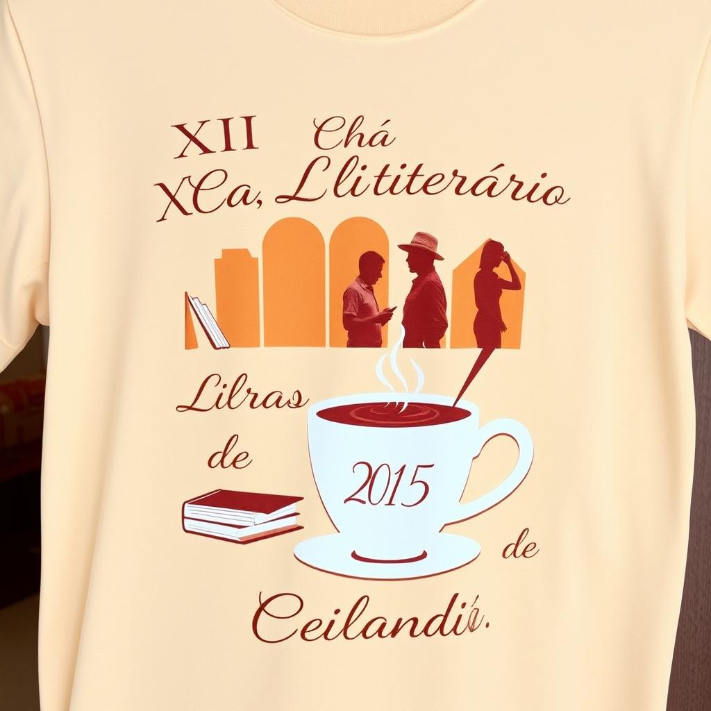 A stylish sand-colored t-shirt showcasing artistic silhouettes of books, individuals, and a coffee cup