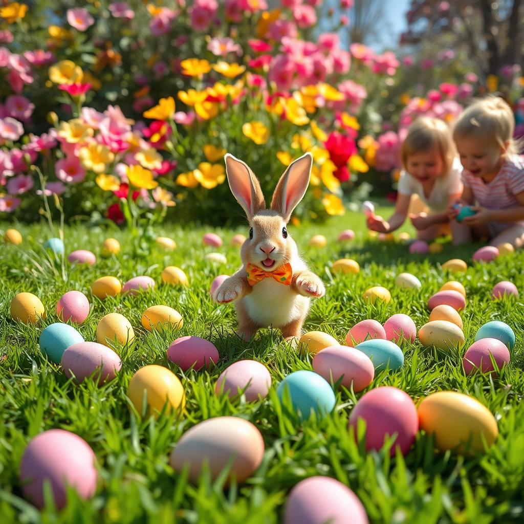 A vibrant and cheerful Easter scene featuring a sunny outdoor setting with colorful Easter eggs scattered on lush green grass