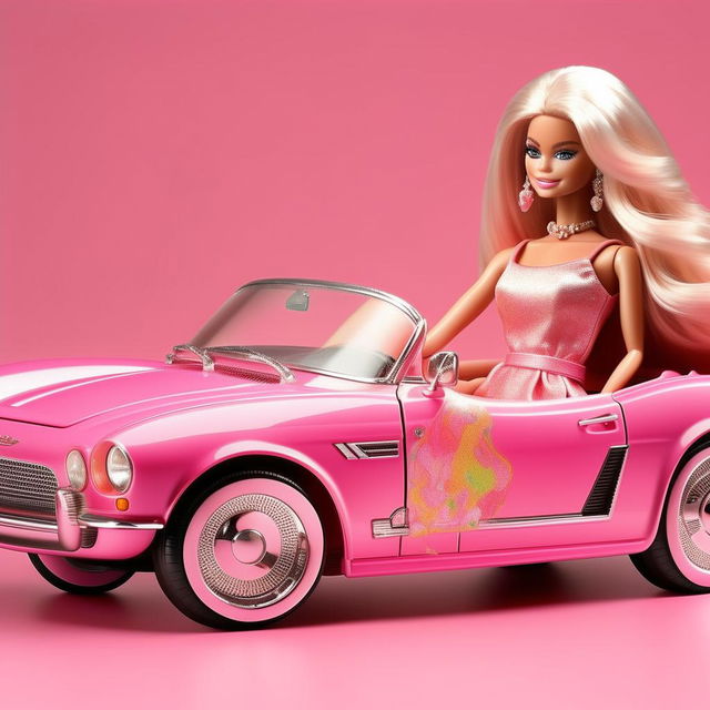 Add to the vibrant, technicolor pink Barbie car, an authentically dressed Barbie driving with a radiant smile.