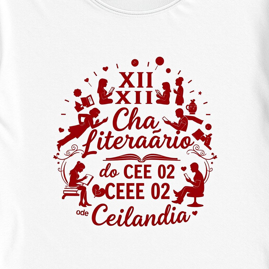 Uma camiseta na cor areia com detalhes em marrom, palha e branco, apresentando silhuetas de livros, pessoas lendo e uma xícara de chá