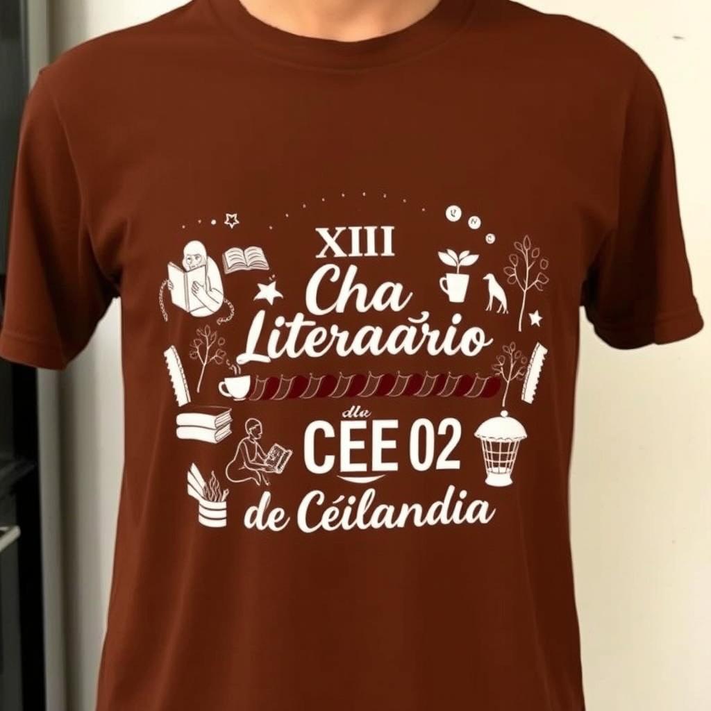 Uma camiseta na cor café com detalhes em areia, marrom, palha e branco, apresentando silhuetas de livros, pessoas lendo e uma xícara de chá