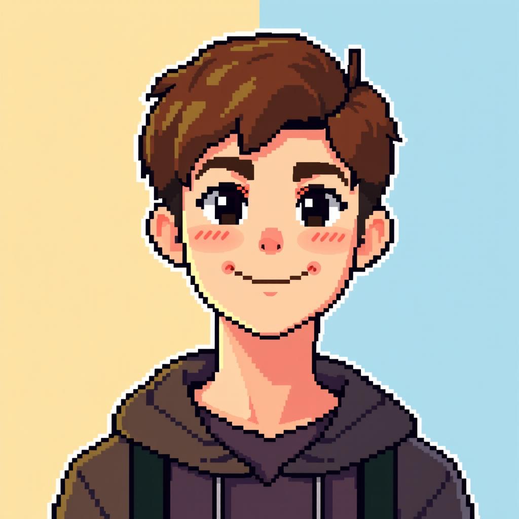 A pixel art depiction of a young man from the chest up