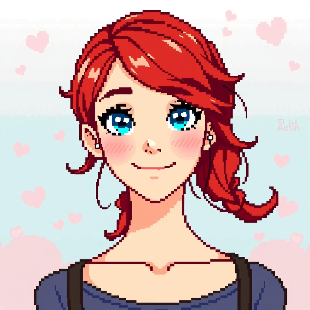A pixel art illustration of a young woman from the chest up