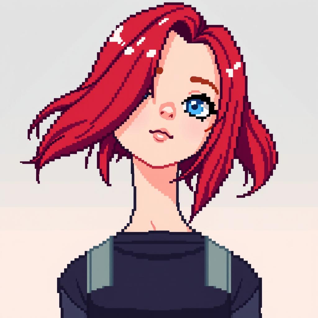 A pixel art illustration of a young woman from the chest up
