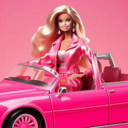 Add to the vibrant, technicolor pink Barbie car, an authentically dressed Barbie driving with a radiant smile.