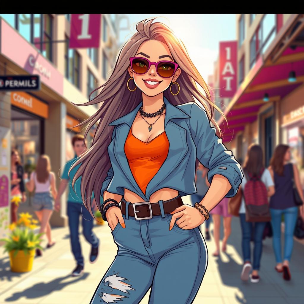 A vibrant and colorful illustration of a confident and attractive woman in a stylish outfit, posing playfully in a modern urban environment