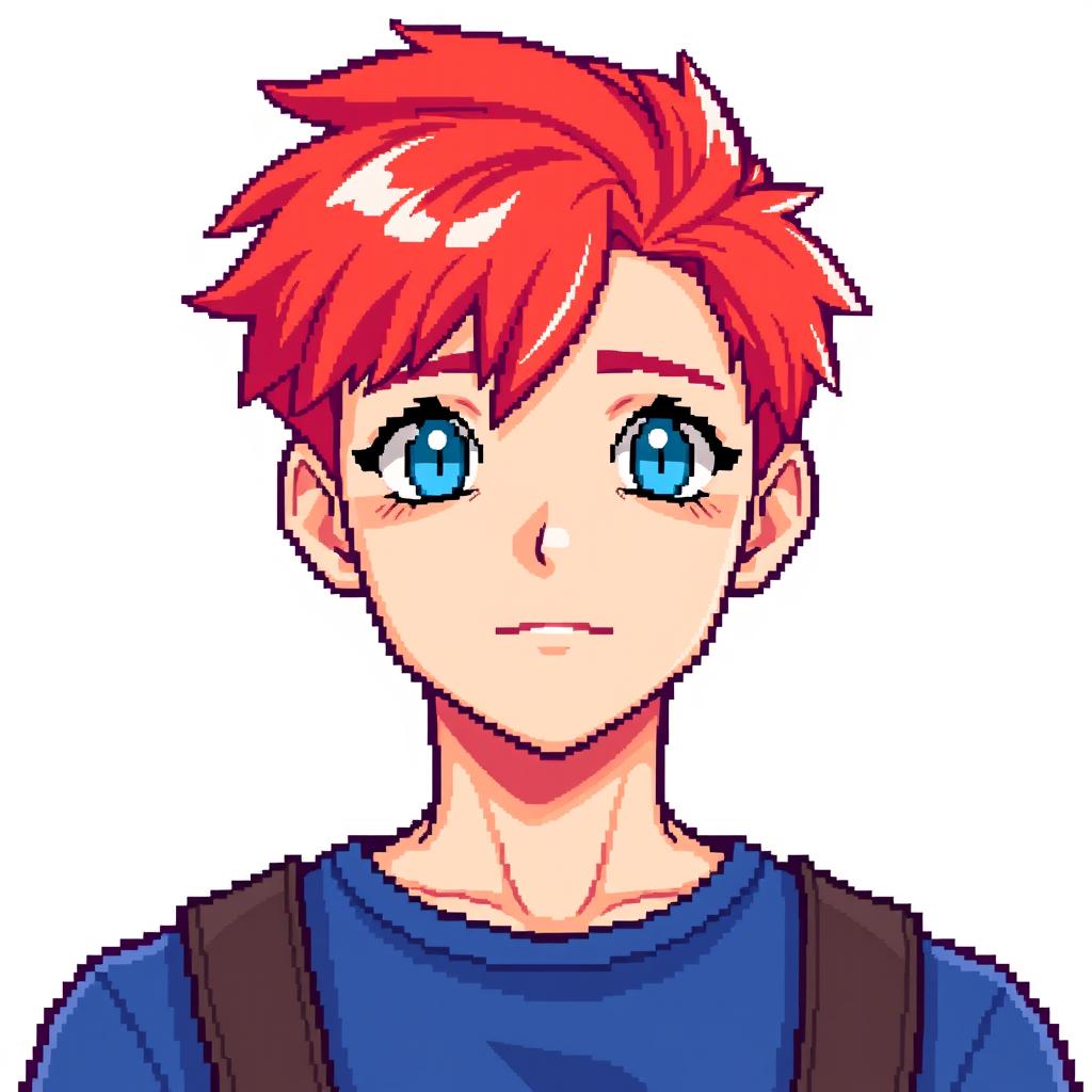 A pixel art illustration of a young man from the chest up
