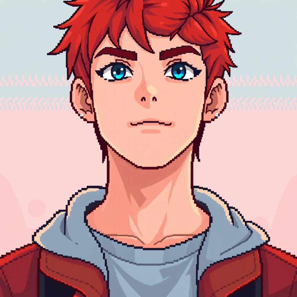 A large pixel art illustration of a young man from the chest up