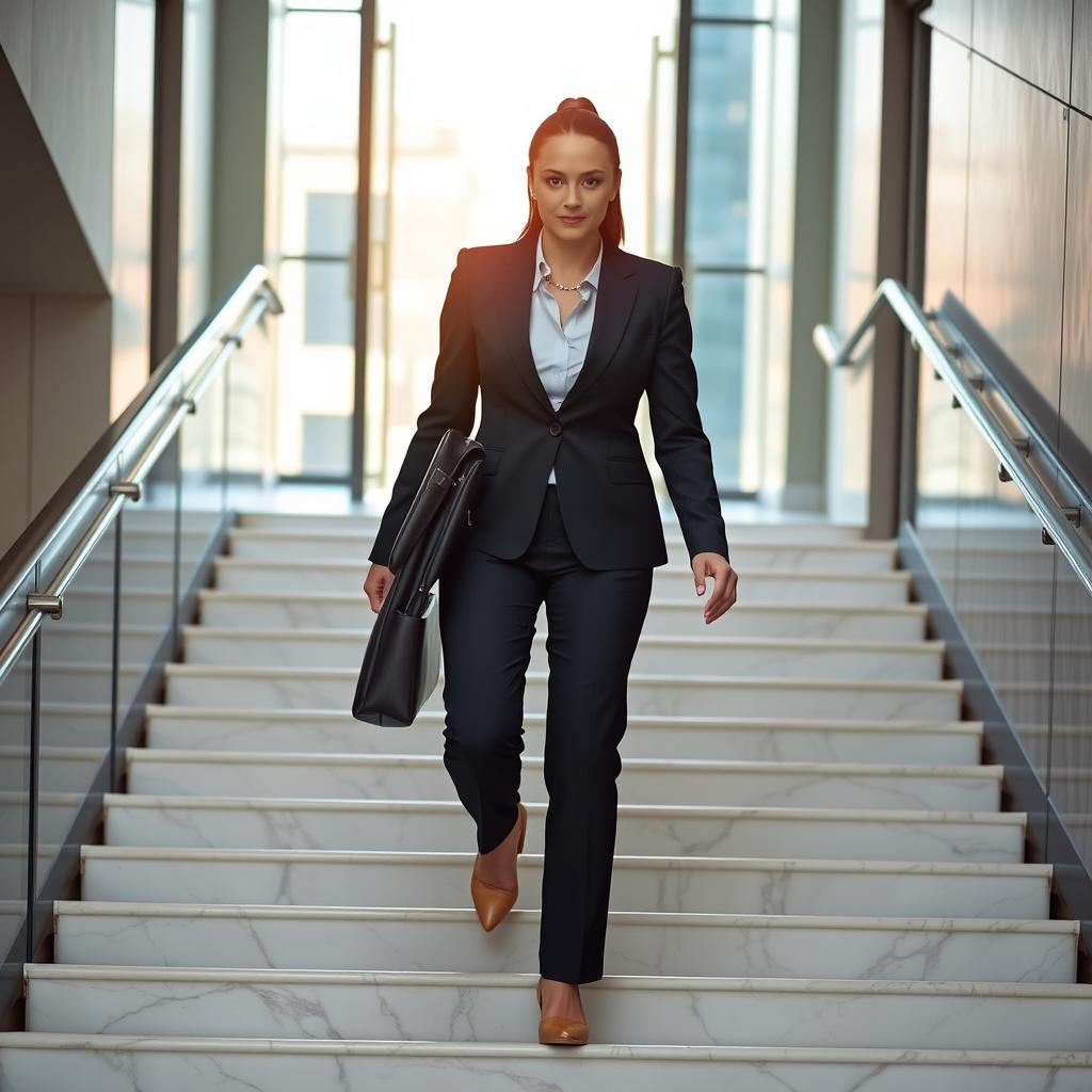 A determined business woman in a tailored suit confidently walking up a flight of stairs towards an open door that leads to bright, inviting light