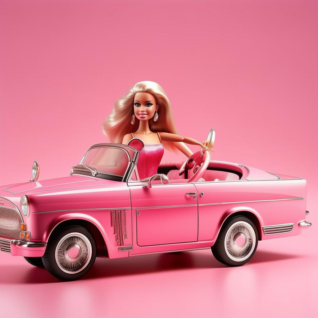 Add to the vibrant, technicolor pink Barbie car, an authentically dressed Barbie driving with a radiant smile.