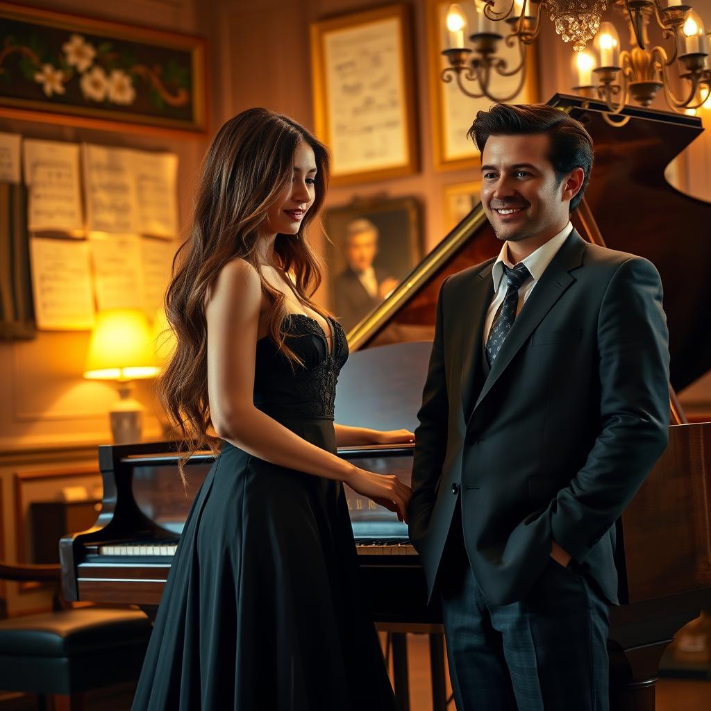A beautiful woman elegantly poised in front of a grand piano, with long flowing hair and a graceful demeanor