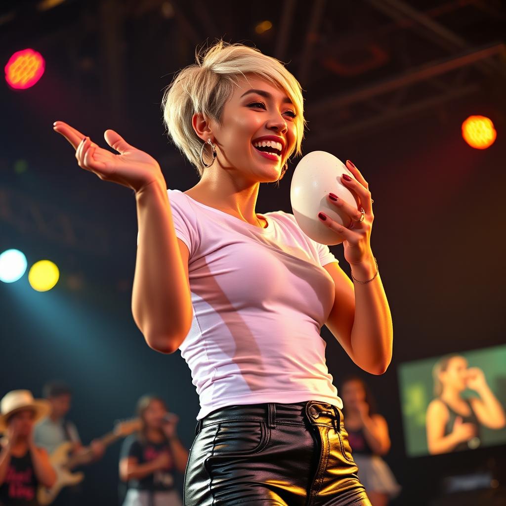 A highly realistic image of a beautiful 25-year-old woman of mixed Indonesian-Dutch descent with short blonde hair, wearing edgy lady rocker hoop earrings