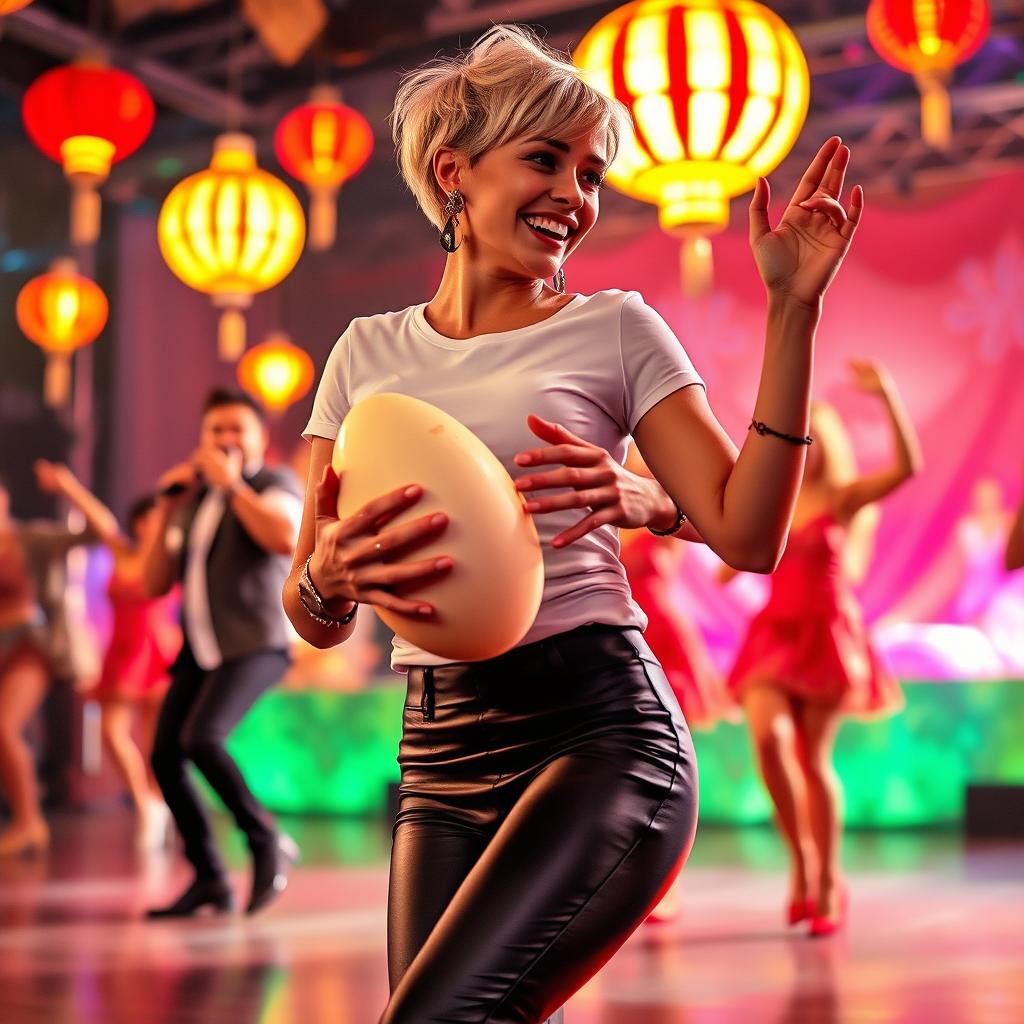 A highly realistic image of a beautiful 25-year-old Indonesian-Dutch woman with short blonde hair, wearing rocker-style earrings, fitted white t-shirt, tight leather pants, and high heels