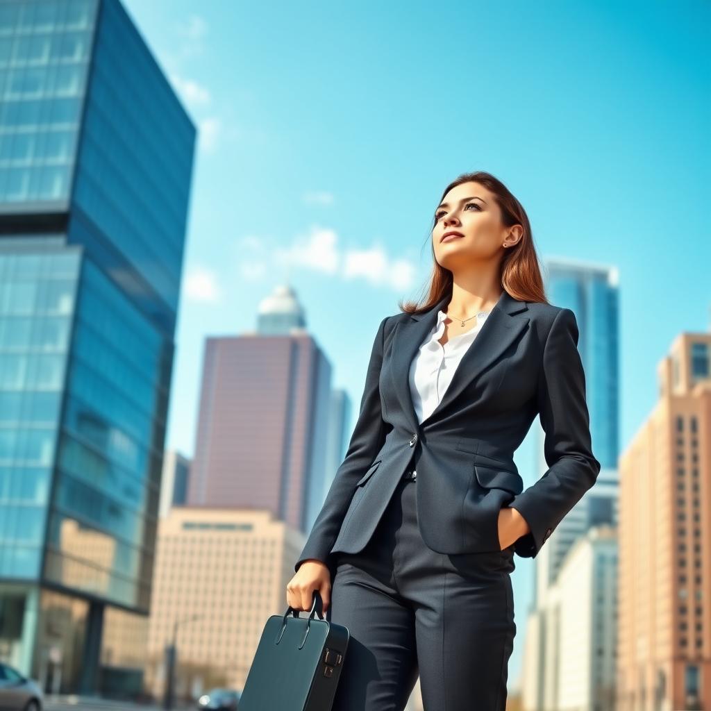 A confident businesswoman dressed in a elegant tailored suit, standing in front of a modern office building, holding a briefcase and looking determined as she gazes upwards, symbolizing her ambition and the next step in her career