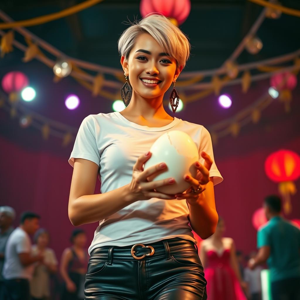 A stunningly realistic portrait of a 25-year-old woman of Indonesian-Dutch descent, featuring short blonde hair and wearing rocker-style lady earrings