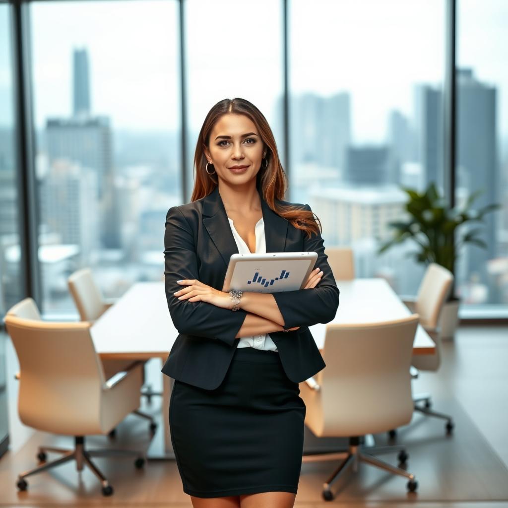 A successful businesswoman in a stylish blazer and pencil skirt, standing confidently with her arms crossed in a modern office environment