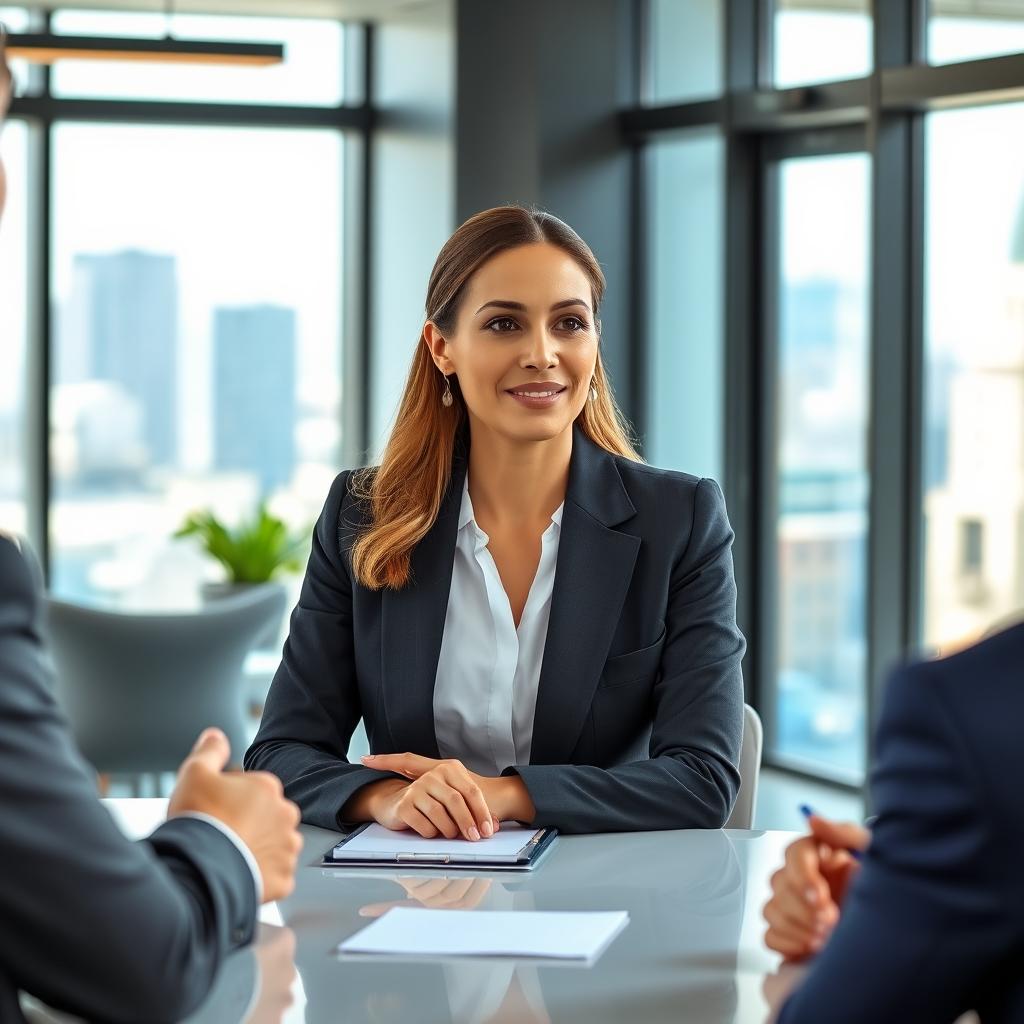 A poised businesswoman in a chic tailored suit sitting confidently at a sleek conference table during a promotion interview