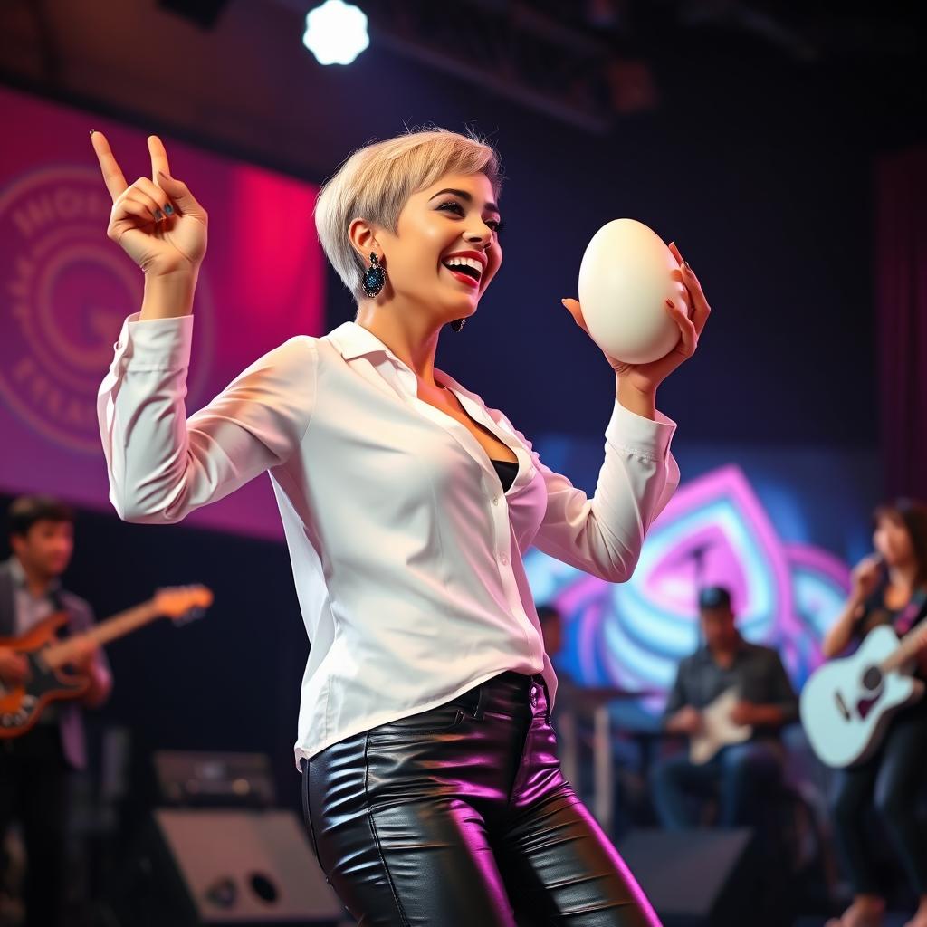 A highly realistic image of a beautiful 25-year-old woman of mixed Indonesian-Dutch descent, featuring short blonde hair and wearing rocker-style lady earrings