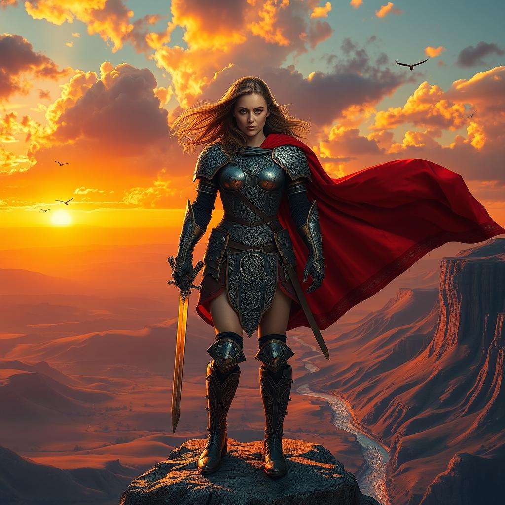 A stunning portrait of a female warrior standing strong on a cliff edge, overlooking a vast medieval landscape bathed in golden sunset light