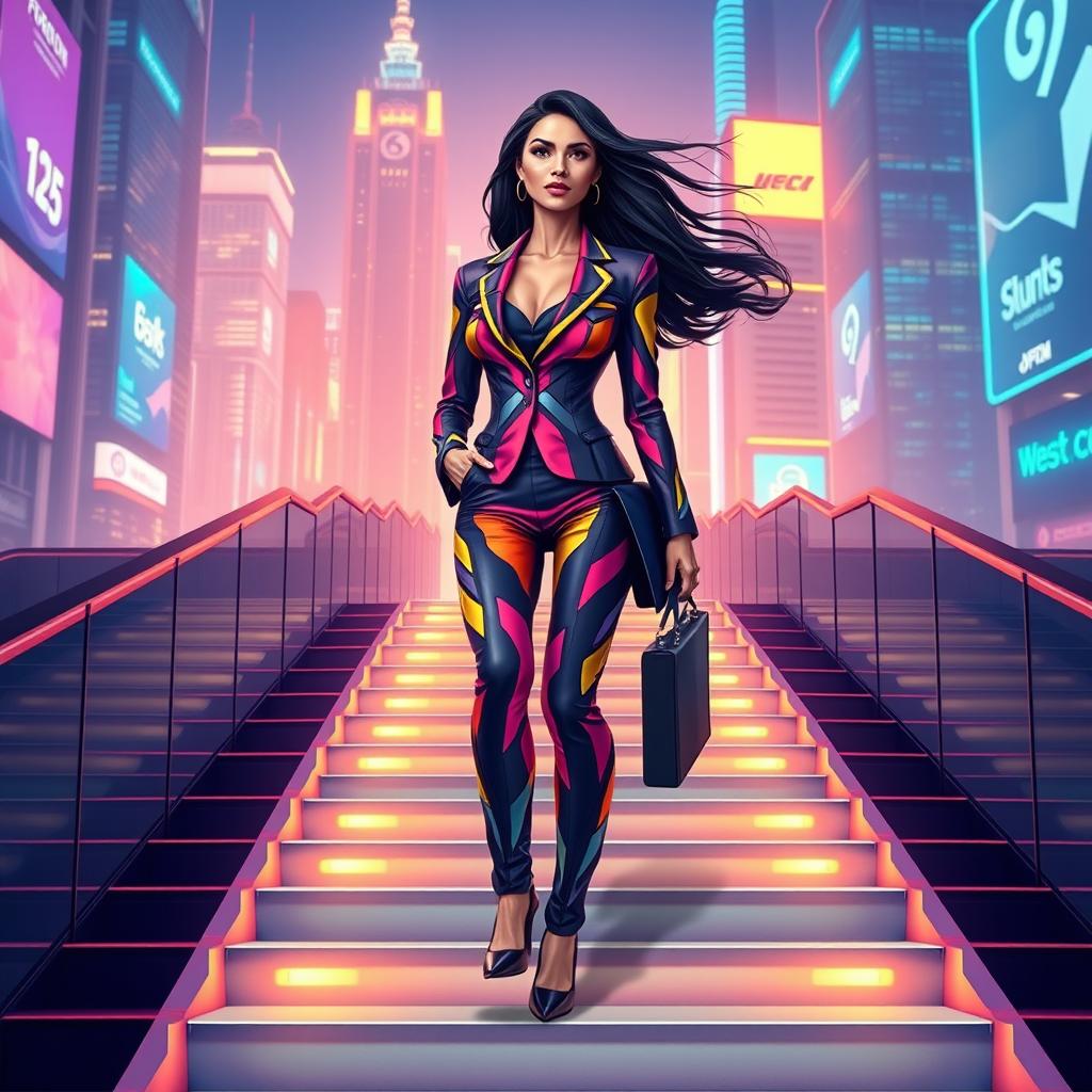A vibrant and sleek avatar of a businesswoman confidently walking up a series of futuristic, illuminated steps