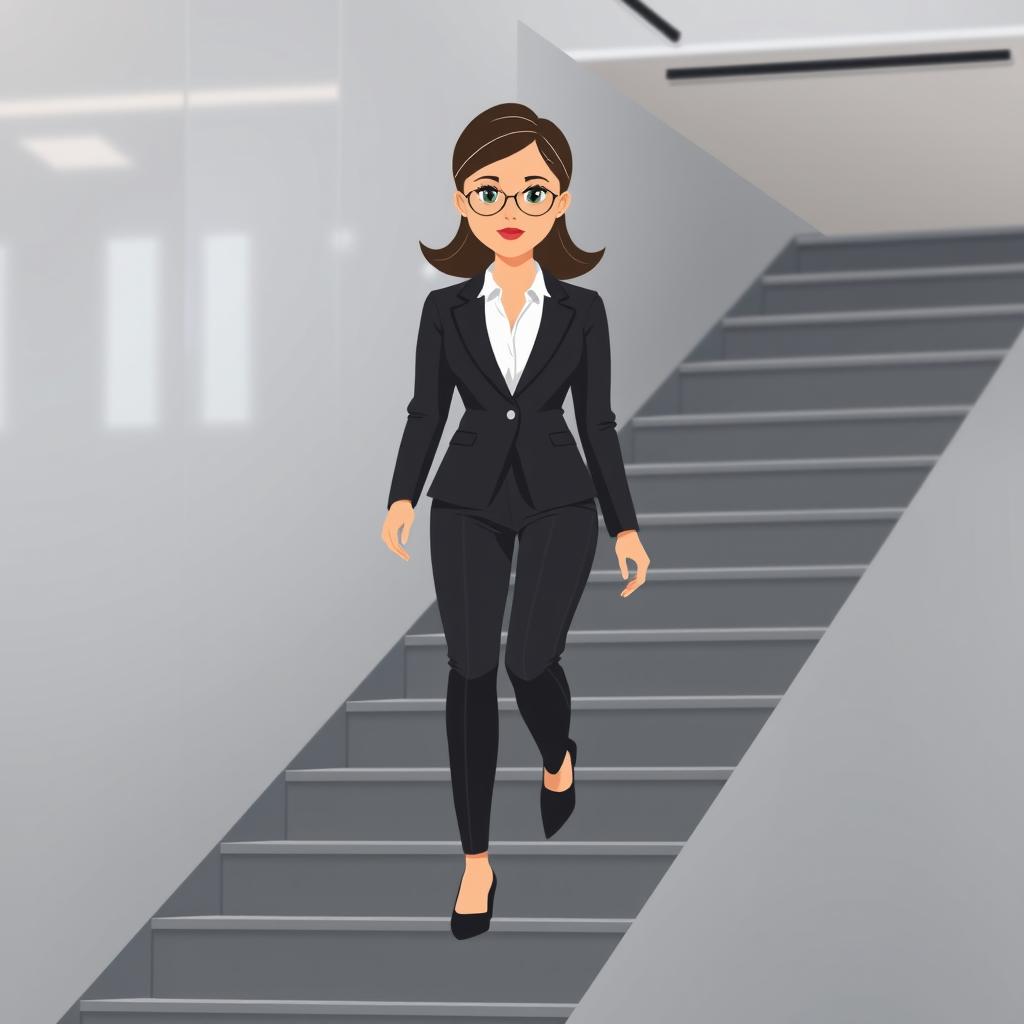 A stylized avatar of a businesswoman walking up a sleek, minimalist staircase in a corporate environment
