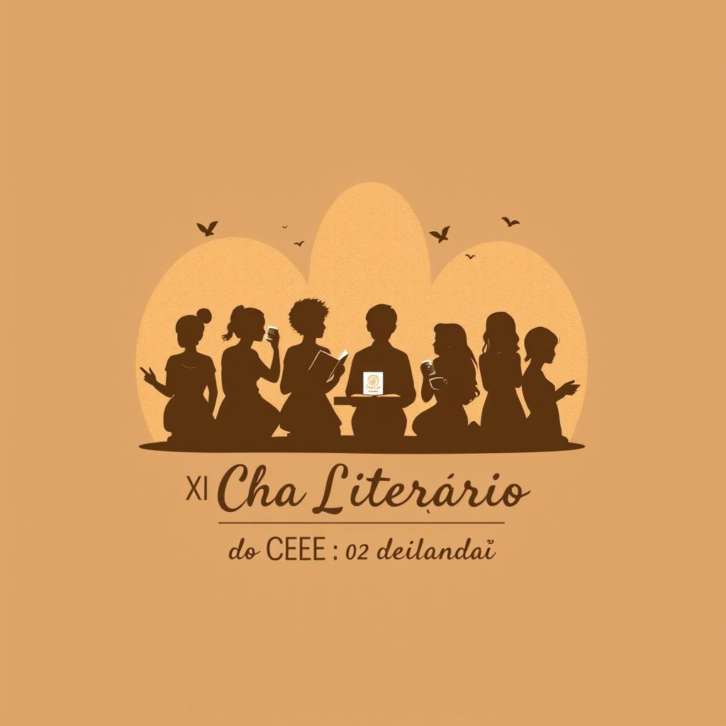 A café colored t-shirt featuring artistic silhouettes of people holding books and cups, embodying the theme 'XII Chá Literário do CEE 02 de Ceilândia'