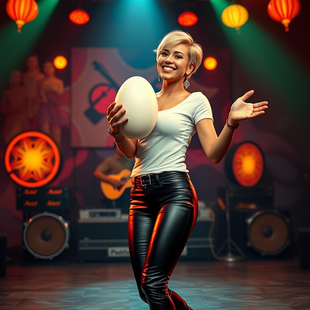 A hyper-realistic portrait of a beautiful 25-year-old woman of Indonesian-Dutch descent, with short blonde hair