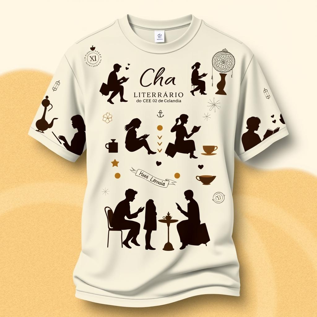 A stylish café-colored t-shirt featuring silhouettes of people engaged in activities related to literature, such as reading books and enjoying a cup of tea
