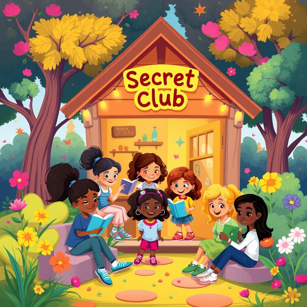 A vibrant and playful illustration of a secret club for girls, featuring a cozy and whimsical clubhouse surrounded by lush trees and colorful flowers
