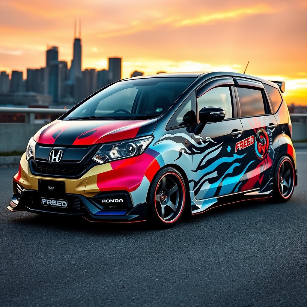 A sleek and modified Honda Freed, showcasing a custom paint job with vibrant colors and unique designs