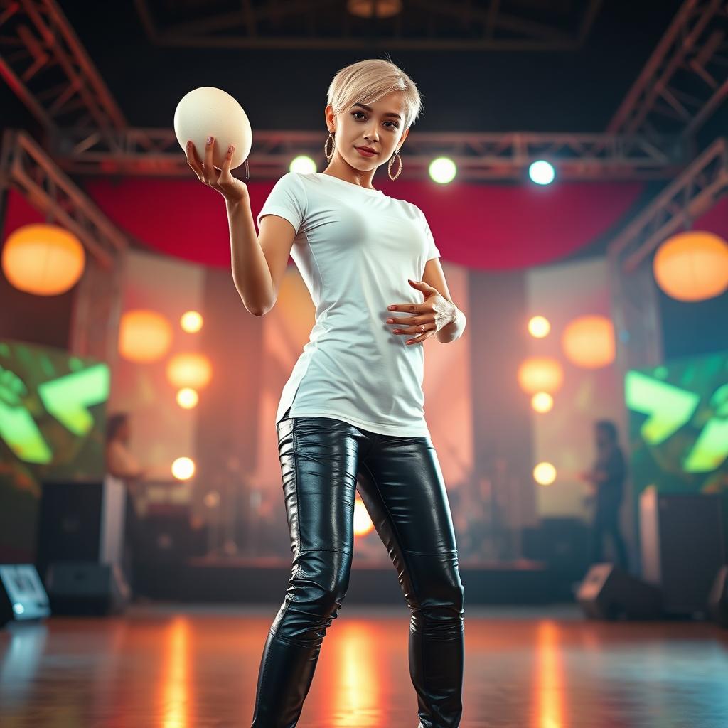 A highly realistic image of a beautiful 25-year-old woman of Indonesian-Dutch descent, with short blonde hair